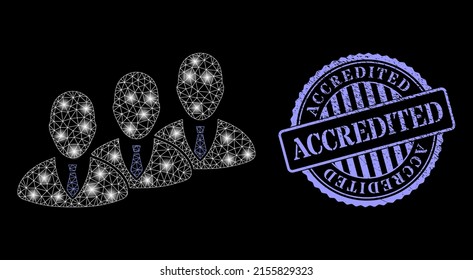 Equipo de manejo de malla iluminado con focos de luz y sello de caucho redondo azul acreditado. Marco vectorial creado a partir del icono de equipo del gestor. Equipo de gerente poligonal con marco de parqueado.