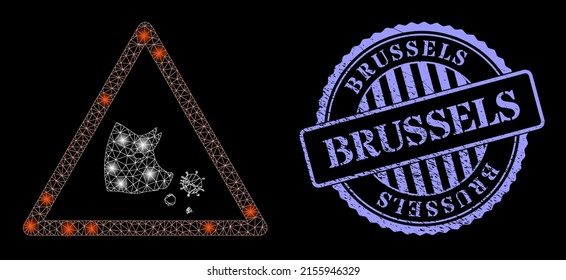 Illuminated mesh pork flu warning with lightspots, and Brussels blue round rubber stamp seal. Vector grid based on pork flu warning icon. Constellation carcass mesh pork flu warning.