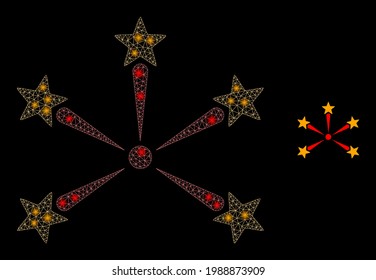 Illuminated mesh star fireworks with light spots. Vector grid based on star fireworks icon. Glowing frame mesh star fireworks on a black background.