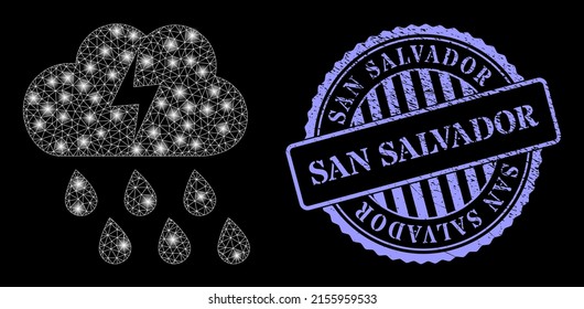 Illuminated mesh thunderstorm cloud with light spots, and San Salvador blue round grunge seal print. Vector model generated from thunderstorm cloud icon. Illuminated carcass mesh thunderstorm cloud.