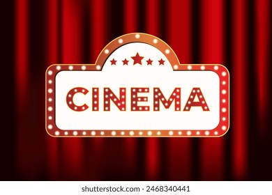 Illuminated Movie sign against a background of red curtains. Classic Cinema design. Vector illustration. Resizes without loss of quality. 