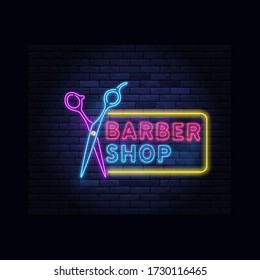 Diseño de peluquería de neón iluminado con tijeras. Salón de peluquería y barba para caballeros. Banner eléctrico claro que resplandece sobre el fondo de ladrillos de la ilustración vectorial de la pared.