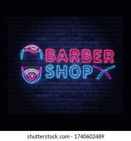 Illuminated neon barber shop design with razor blade. Hairstyling and beard grooming salon for gentlemans. Light electric banner glowing on background of bricks wall vector