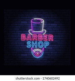Illuminated neon barber shop design with gentleman top hat. Hairstyling and beard grooming salon for gentlemans. Light electric banner glowing on background of bricks wall vector