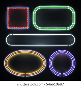 Illuminated neon borders, empty frame signs, new year, casino, party decoration vector set.