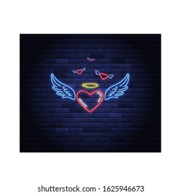 Illuminated neon heart with angel wings and halo sign. Light electric banner glowing on background of bricks wall. Valentines day neons vector illustration.