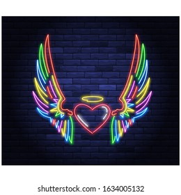 Illuminated neon heart with angel wings and halo sign. Light electric banner glowing on background of bricks wall. Colorful neons vector illustration.