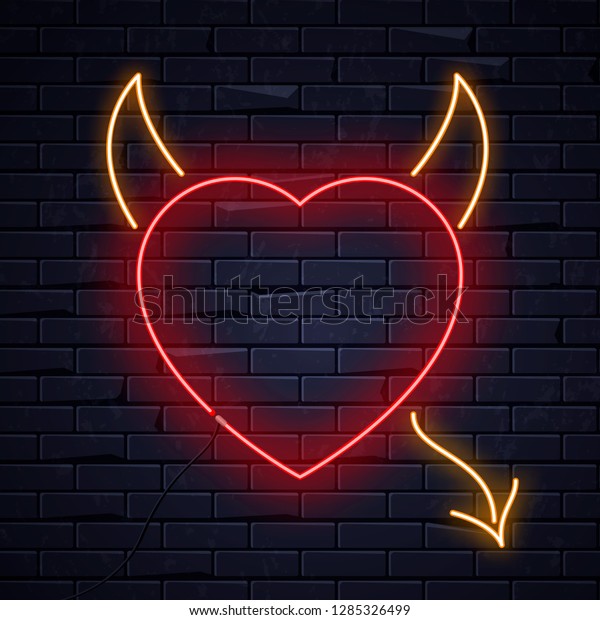 明るいネオンハートデビルホーンサインフレーム 明るい光る黒いレンガ壁の背景に電気バナー バレンタインデー セックスショップ バーコンセプ ネオンは悪魔の ハートの形のポスター 看板 看板 のベクター画像素材 ロイヤリティフリー