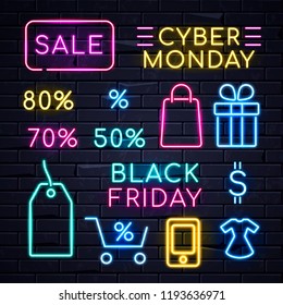 Illuminated neon signs logo frame light electric banners glowing on black brickwall background,big huge sales concept set.Neons sign logos Black friday Cyber monday,percent sale billboards