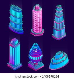 Illuminated neon skyscrapers and objects of futuristic city. Vector illustration.