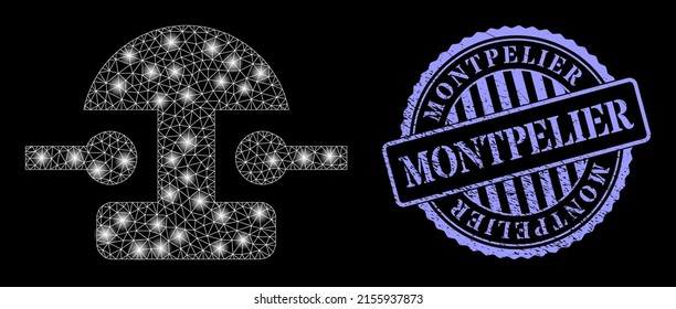 Illuminated net bell with lightspots, and Montpelier blue round rubber stamp seal. Vector model created from bell icon. Illuminated frame mesh bell.