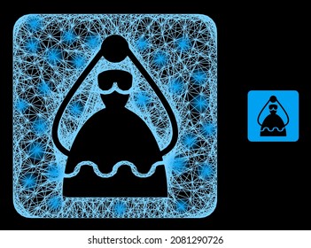 Novia iluminada con manchas claras en un fondo negro. La estructura vectorial iluminada se basa en el glifo de novia, con malla rayada y manchas luminosas.