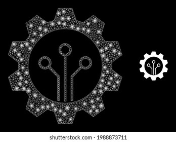 Illuminated net gear sensor with glowing spots. Vector model based on gear sensor icon. Glowing frame polygonal gear sensor on a black background.