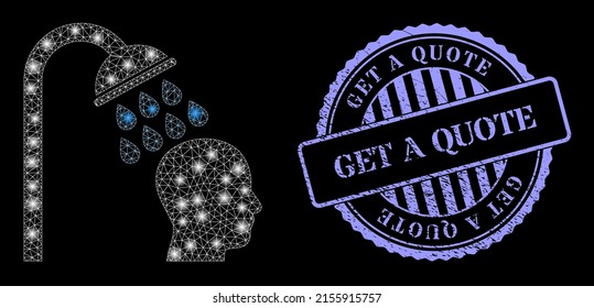 Ducha de cabeza neta iluminada con manchas livianas, y Obtén una imitación de sello redondo de color azul Quote. Constelación vectorial creada a partir del icono de la ducha de la cabeza. Ducha de malla de malla iluminada.