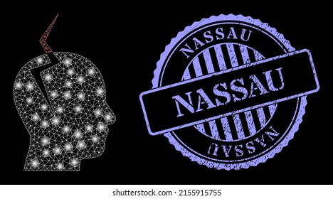 Cefalea neta iluminada con manchas claras, e imitación de sello de textura redondo azul de Nassau. Cápsula vectora creada a partir del icono del dolor de cabeza. Dolor de cabeza poligonal en canal brillante.