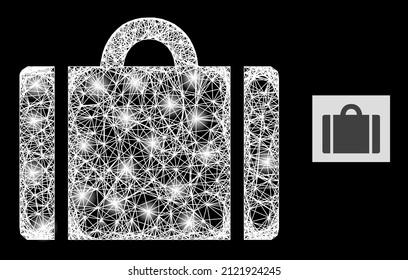 Illuminated net luggage with light spots on a black background. Bright vector structure is based on luggage icon, with irregular mesh and light spots.