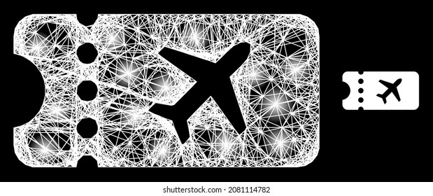 Illuminated net mesh air ticket with light spots on a black background. Illuminated vector constellation is created from air ticket picture, with linear network and light spots.