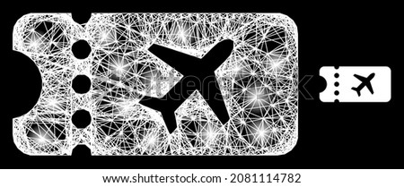 Illuminated net mesh air ticket with light spots on a black background. Illuminated vector constellation is created from air ticket picture, with linear network and light spots.