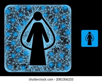 Brida de malla neta iluminada con manchas brillantes sobre un fondo negro. La malla vectorial iluminada se crea a partir del pictograma de la novia, con malla interseccionada y manchas luminosas.