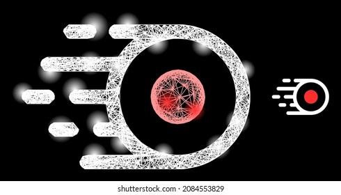 Illuminated net mesh core flight with light spots on a black background. Light vector structure created from core flight icon, with linear net and light spots.