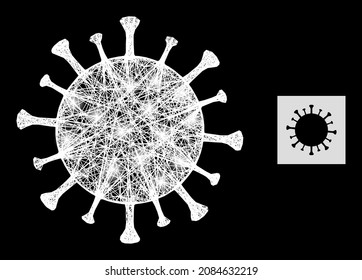 Illuminated net mesh Covid-19 virus icon with glowing spots and white mesh on a black background. Illuminated vector mesh based on Covid-19 virus glyph,