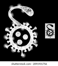 Illuminated net mesh Delta virus icon with light spots and white mesh on a black background. Light vector mesh created from Delta virus icon, with hatched white network and scattered light spots.