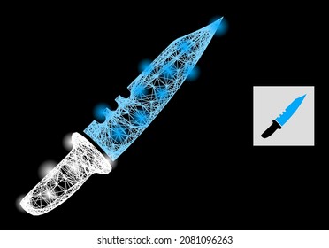 Illuminated net mesh knife with lightspots on a black background. Illuminated vector mesh is based on knife symbol, with intersected mesh and lightspots.