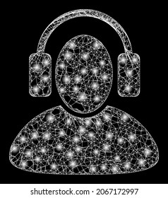 Illuminated net mesh listen headphones with glowing spots. Vector frame based on listen headphones icon, and from intersected lines.