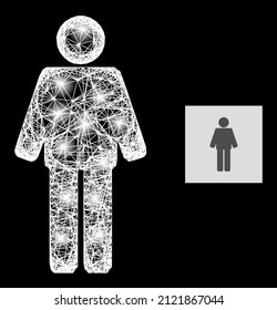 Illuminated net mesh man with lightspots on a black background. Illuminated vector mesh is based on man icon, with linear mesh and light dots.