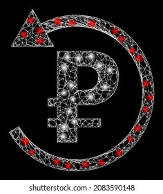 Reembolso del rublo de malla neta iluminado con puntos brillantes. Marco vectorial basado en el icono de devolución del rublo y con líneas cruzadas. Reembolso del rublo de malla de marco brillante en un fondo negro.