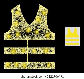 Illuminated net mesh safety vest with light spots on a black background. Illuminated vector structure is based on safety vest symbol, with irregular mesh and light dots.