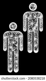 Illuminated net persons with glowing spots on a black background. Bright vector structure is based on persons glyph, with hatched net and light spots.