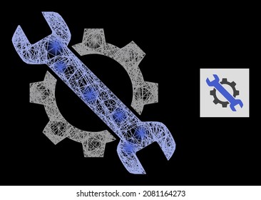 Illuminated net repair with glowing spots on a black background. Illuminated vector constellation created from repair glyph, with linear network and light spots.