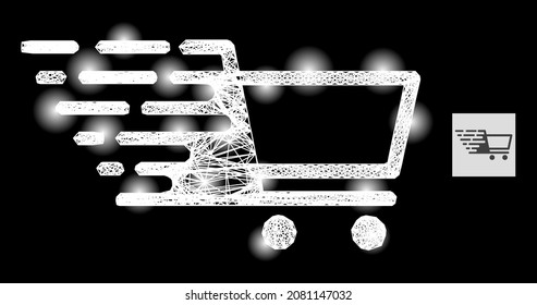 Illuminated net shopping cart with light spots on a black background. Illuminated vector mesh based on shopping cart symbol, with linear mesh and light dots.