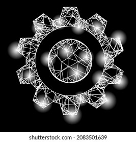 Illuminated net smart cog with glowing spots. Vector model based on smart cog icon, and with crossed lines. Illuminated frame polygonal smart cog on a black background.