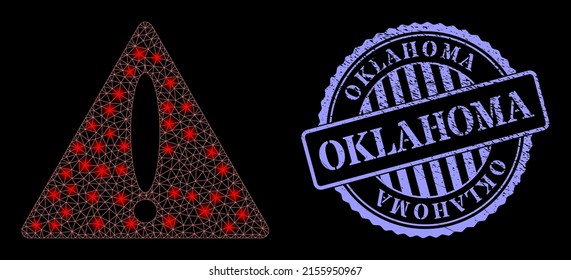 Illuminated net warning triangle with light spots, and Oklahoma blue round textured stamp. Vector grid based on warning triangle icon. Illuminated carcass polygonal warning triangle.