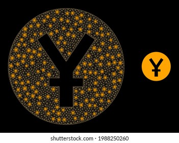 Illuminated net yuan coin with lightspots. Vector carcass based on yuan coin icon. Illuminated carcass mesh yuan coin on a black background.