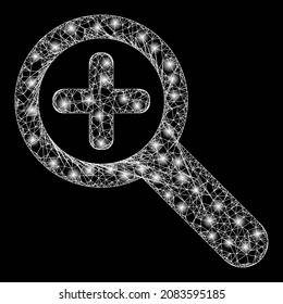 Illuminated net zoom in with glowing spots. Vector frame generated from zoom in icon, and from crossing lines. Glowing frame polygonal zoom in on a black background.