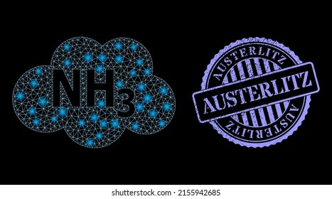 Illuminated network ammoniac cloud with lightspots, and Austerlitz blue round scratched stamp seal. Vector constellation based on ammoniac cloud icon. Illuminated carcass mesh ammoniac cloud.