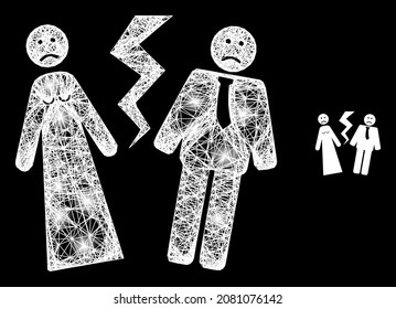 Boda rota en red iluminada con manchas claras en un fondo negro. La malla vectorial brillante se basa en el glifo de bodas rotas, con malla rayada y manchas luminosas.