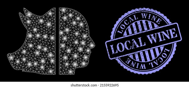 Illuminated network dual pig man with glowing spots, and Local Wine blue round dirty seal print. Vector carcass generated from dual pig man icon. Glowing carcass polygonal dual pig man.