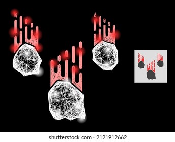 Illuminated network falling rocks with light spots on a black background. Bright vector constellation based on falling rocks symbol, with hatched network and light spots.