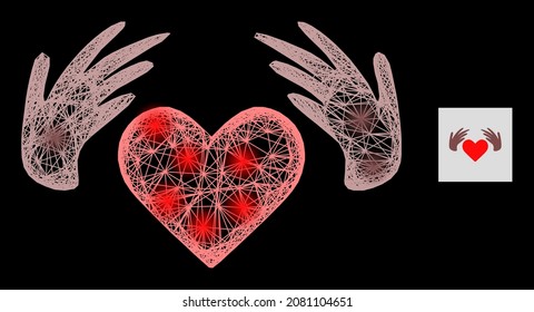 Illuminated network handmade love with light spots on a black background. Light vector structure is based on handmade love symbol, with intersected net and light dots.
