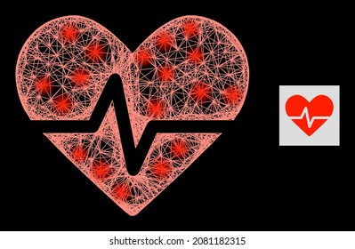 Pulso de corazón de red iluminado con manchas de luz sobre un fondo negro. La estructura del vector de luz se basa en el icono de pulso cardíaco, con red lineal y puntos de luz.