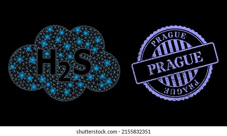 Illuminated network hydrogen sulfide cloud with lightspots, and Prague blue round dirty stamp seal. Vector carcass created from hydrogen sulfide cloud icon.