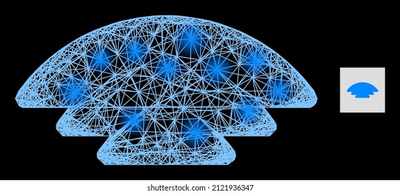 Illuminated network ice hill with light spots on a black background. Illuminated vector structure is based on ice hill pictogram, with hatched network and light dots.