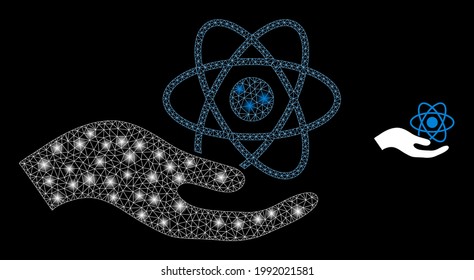 Illuminated network quantum service hand with lightspots. Vector frame based on quantum service hand icon. Sparkle carcass mesh quantum service hand on a black background.