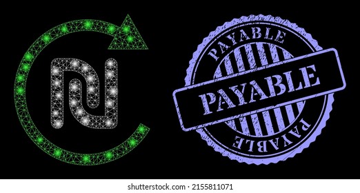 Illuminated network shekel repay with glowing spots, and Payable blue round textured seal print. Vector frame based on shekel repay icon. Glowing carcass polygonal shekel repay.