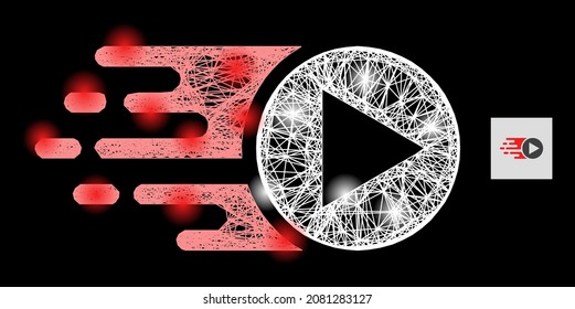Illuminated network start play with light spots on a black background. Light vector mesh created from start play symbol, with linear network and light spots.