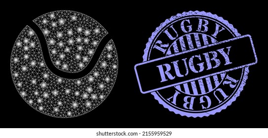 Illuminated network tennis ball with light spots, and Rugby blue round textured seal print. Vector constellation based on tennis ball icon. Constellation carcass mesh tennis ball.